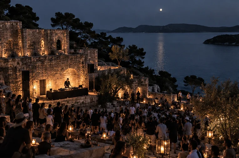 Candlelit stone ruins at night