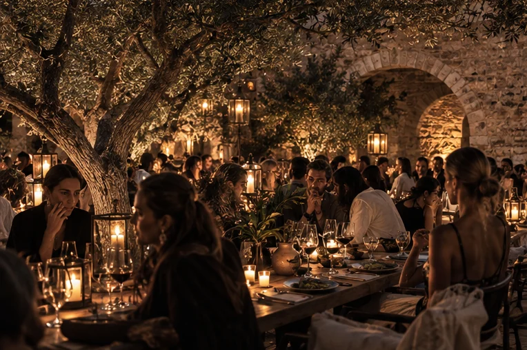 Candlelit dinner under olive trees