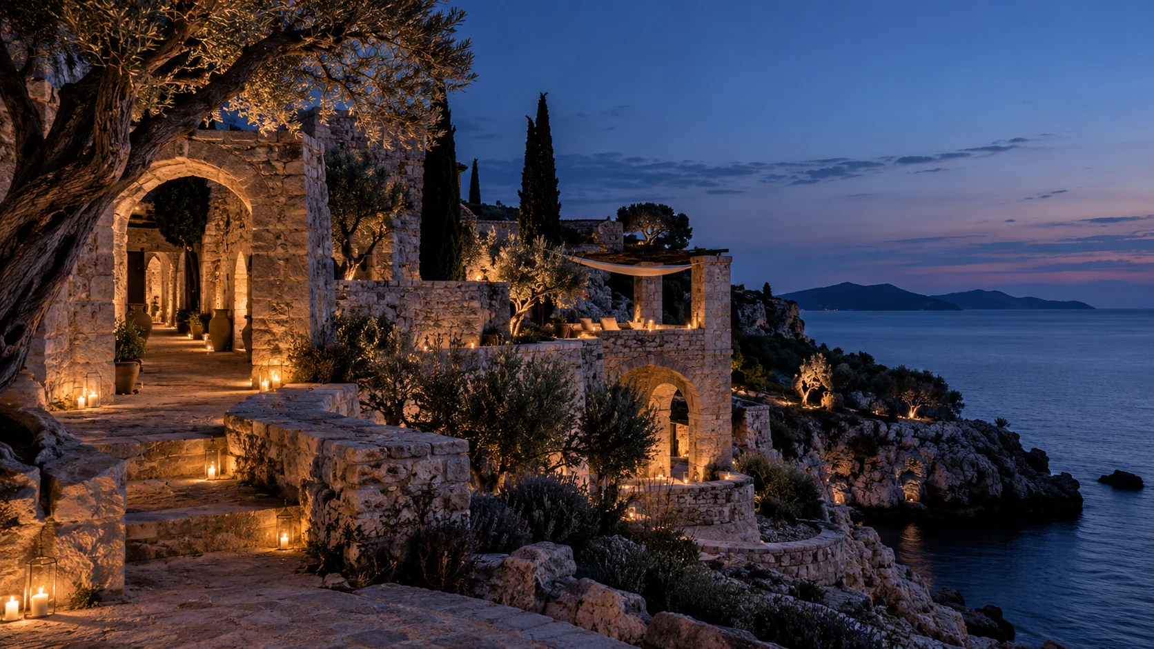 Candlelit stone terraces on the Adriatic